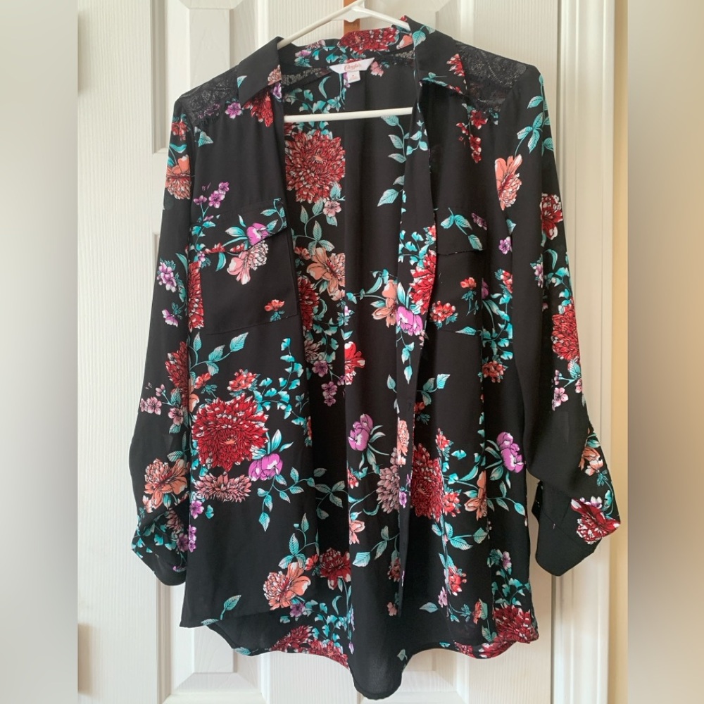 Floral Lace Black and Button Up Sheer Shirt